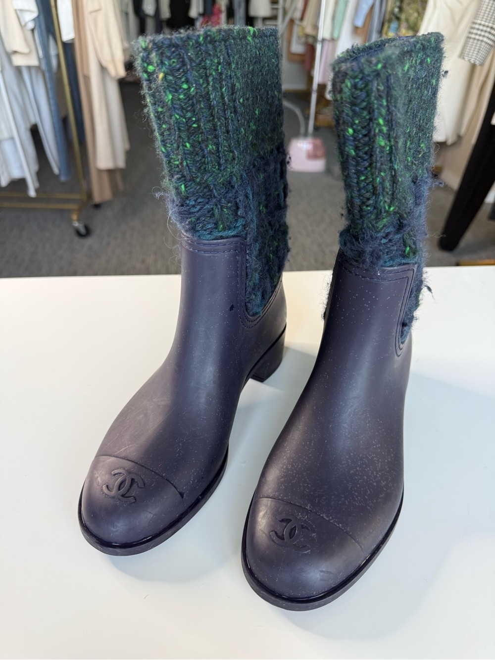 CHANEL Black Rubber Boots with Green Tweed Shaft